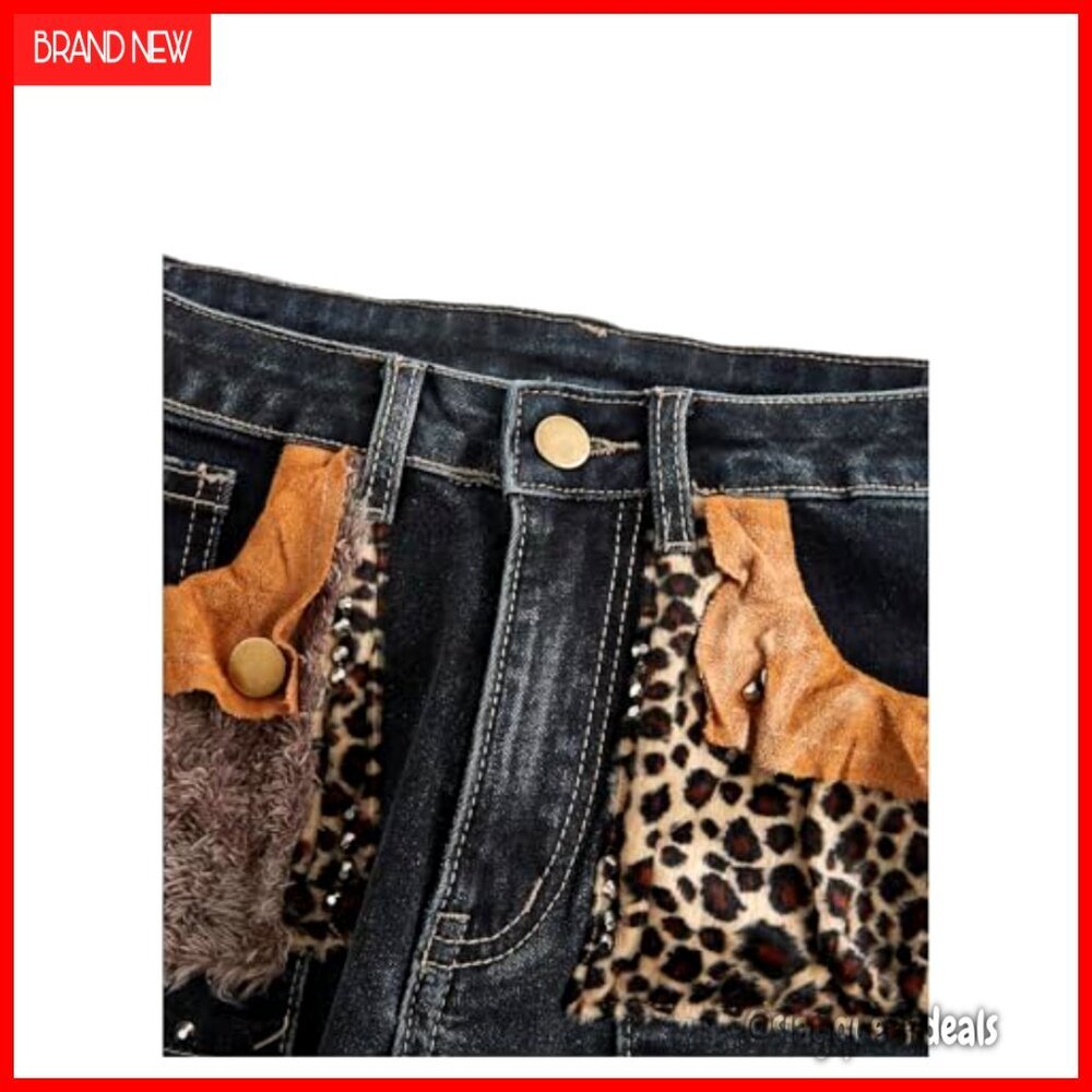 Women's Leopard Faux Fur Skinny Jeans Low Rise Capris Denim Pants - Picture 3 of 4